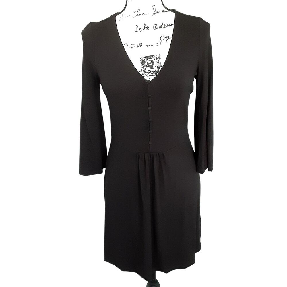 Boden Scarlett Jersey Swing Dress Stretch Black V Neck Bell Sleeve Womens 4